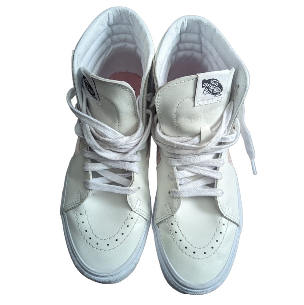 Vans SK8 Classic Hi High White Leather Powder Pink Stripe Skate Shoes